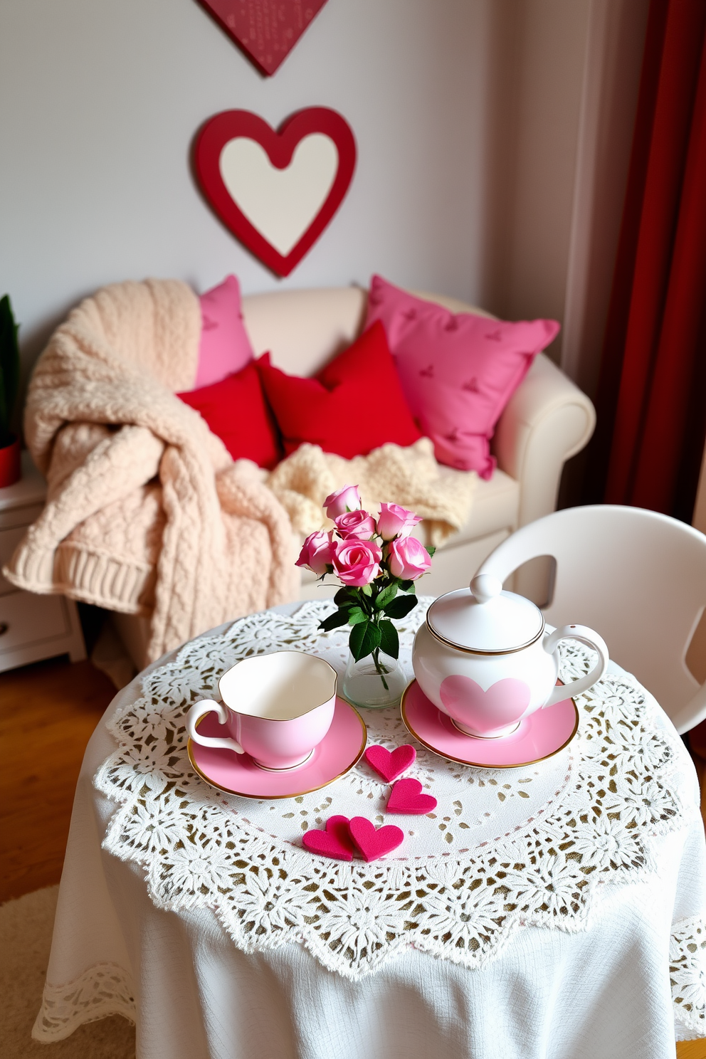 A charming Valentine's themed tea set is elegantly arranged on a delicate lace tablecloth. The set features heart-shaped cups and saucers in soft pastel colors, accompanied by a small vase of fresh pink roses. The reading nook is adorned with cozy cushions in shades of red and pink, creating an inviting atmosphere. A plush throw blanket drapes over the armchair, while heart-shaped wall art adds a festive touch to the space.