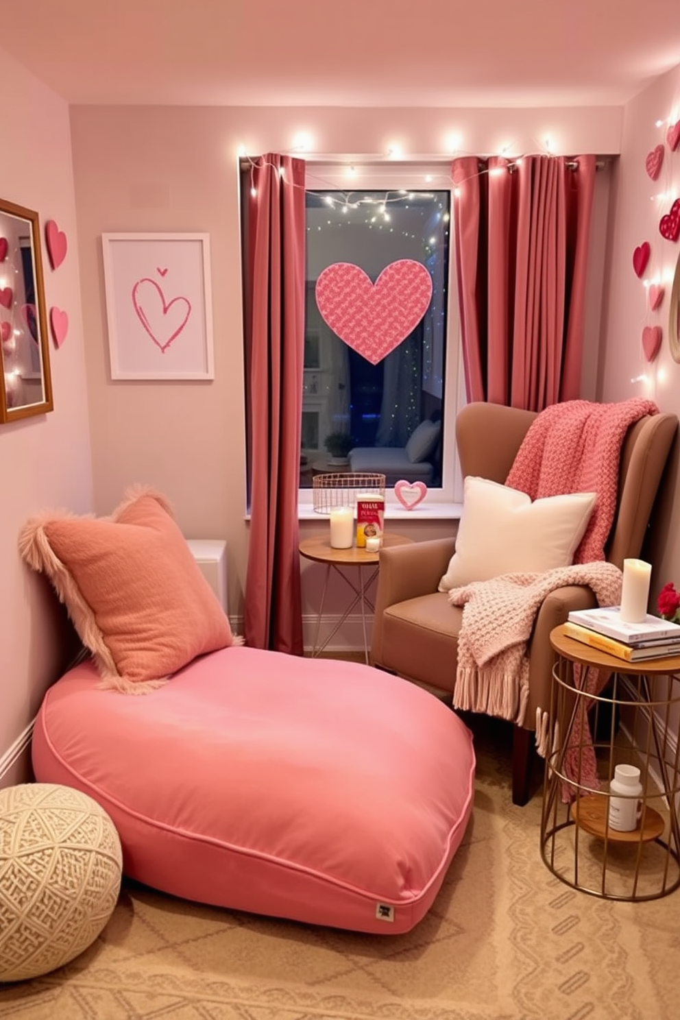 A cozy reading nook featuring a heart-shaped floor pouf in soft pink fabric, inviting relaxation and comfort. The nook is adorned with plush throw pillows and a warm, knitted blanket draped over a stylish armchair, creating a perfect spot for enjoying a good book. Surrounding the nook are delicate Valentine’s Day decorations, including heart-shaped wall art and fairy lights strung across the window. A small side table holds a stack of romantic novels and a fragrant candle, enhancing the intimate atmosphere.