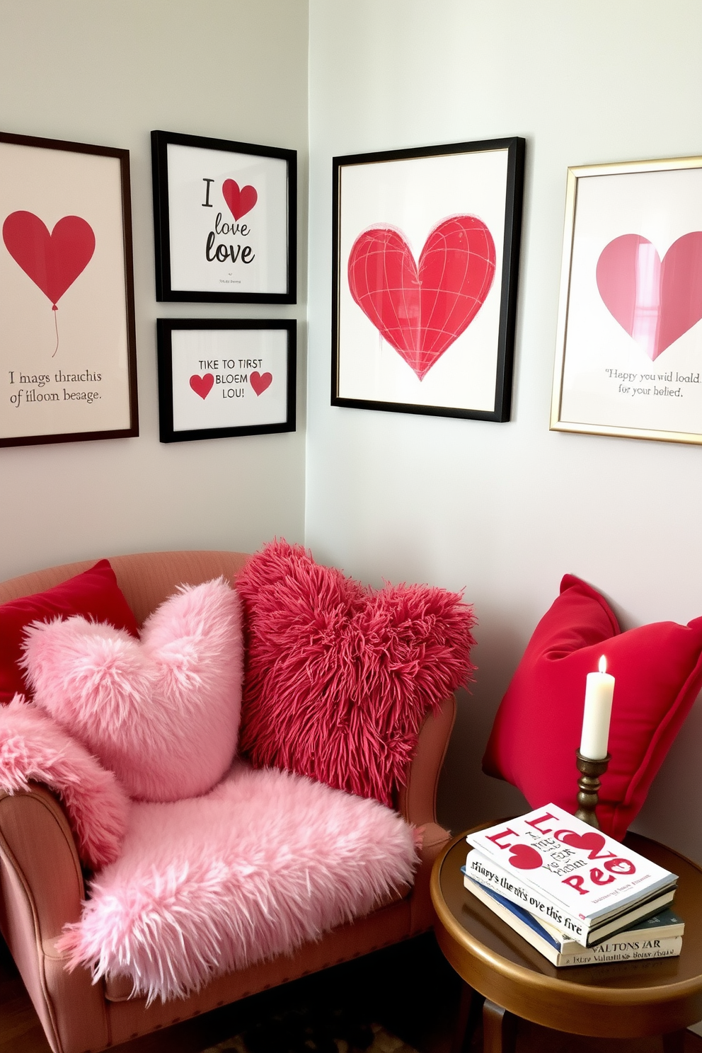 A cozy reading nook adorned with love-themed art prints. Soft, plush cushions in shades of pink and red are scattered on a comfortable armchair, creating an inviting atmosphere perfect for relaxation. The walls are decorated with framed art prints featuring romantic quotes and heart motifs. A small side table holds a stack of books and a fragrant candle, enhancing the cozy ambiance for Valentine's Day decorating ideas.