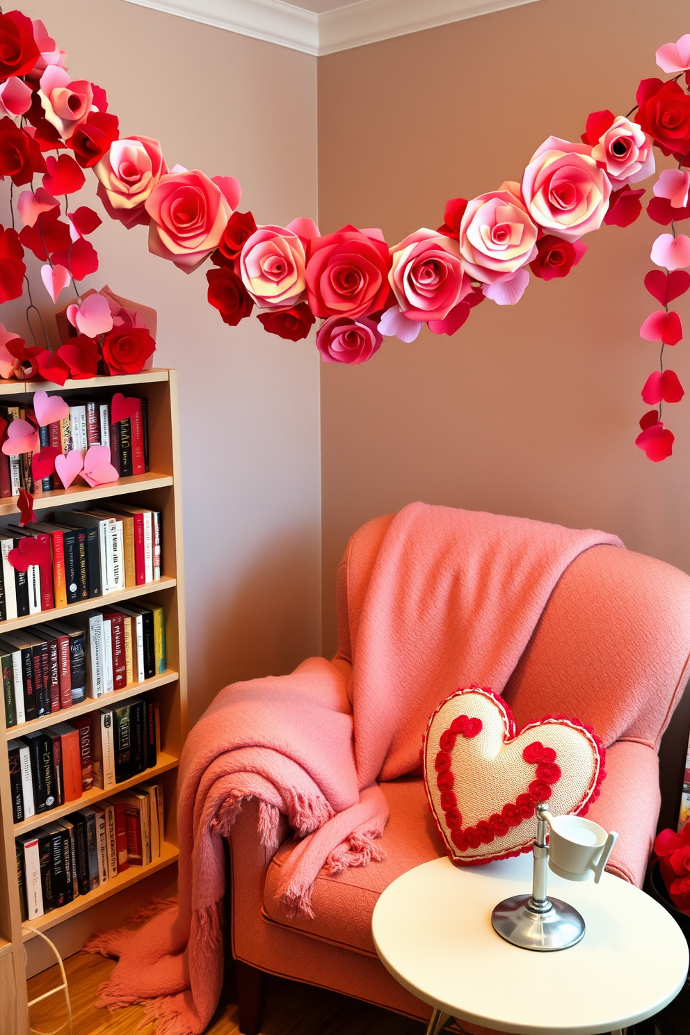 A cozy reading nook adorned with red and pink paper flowers creates a warm and inviting atmosphere. The nook features a plush armchair draped with a soft throw blanket, surrounded by a small bookshelf filled with romantic novels. A heart-shaped garland of paper flowers hangs above the chair, adding a festive touch for Valentine's Day. A small side table holds a steaming cup of tea and a decorative heart-shaped pillow, inviting you to relax and enjoy a good book.