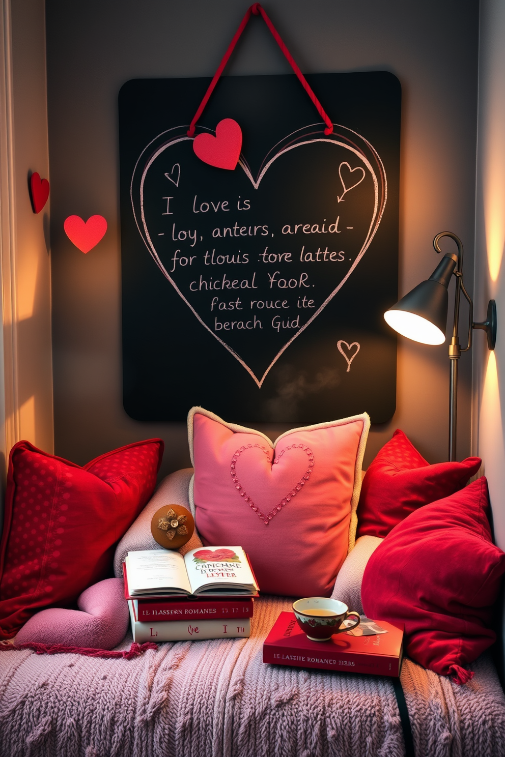 A cozy reading nook adorned with a heart-shaped chalkboard, perfect for displaying love notes and seasonal messages. Plush cushions in shades of pink and red surround a small, inviting armchair, creating a warm atmosphere ideal for curling up with a book. Soft, ambient lighting from a nearby lamp enhances the romantic vibe, casting gentle shadows across the nook. A small side table holds a stack of classic romance novels and a steaming cup of tea, inviting relaxation and creativity.