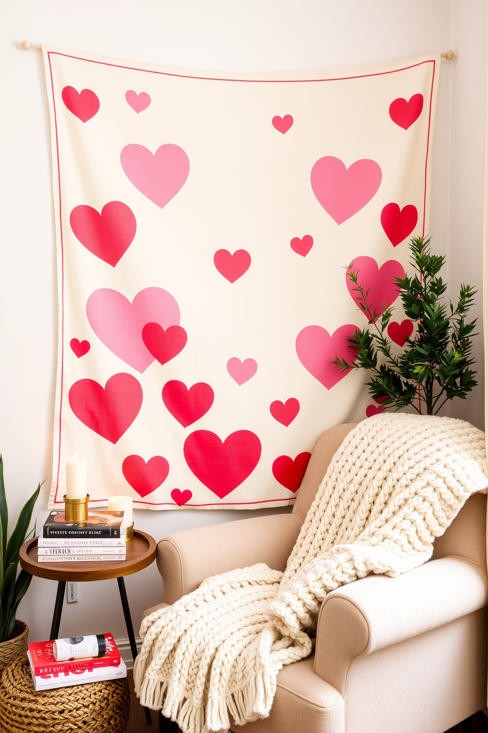 A cozy reading nook adorned with a Valentine's themed wall tapestry that features soft pink and red hearts against a cream background. The nook includes a plush armchair draped with a chunky knit blanket, and a small side table holding a stack of romantic novels and a scented candle.