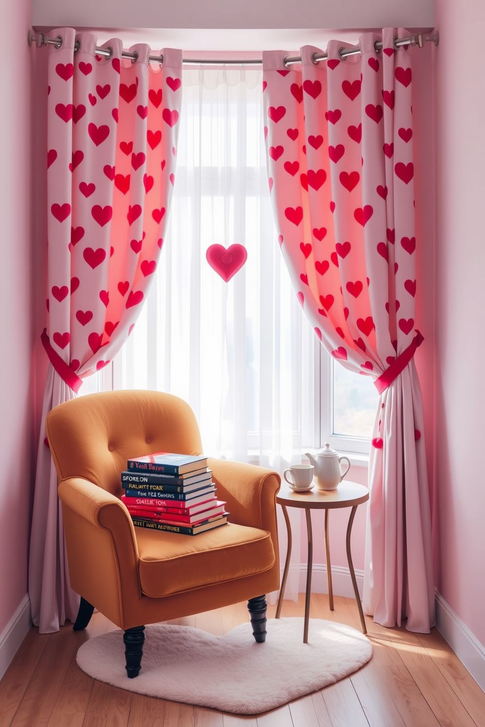 A cozy reading nook adorned with heart-patterned curtains that gently filter the soft light from a nearby window. A plush armchair in a warm hue is positioned next to a small side table, where a stack of romantic novels and a steaming cup of tea await. The walls are painted in a soft pastel shade, creating a serene atmosphere perfect for relaxation. A heart-shaped rug lies beneath the chair, adding a touch of whimsy and comfort to this Valentine's Day-inspired retreat.