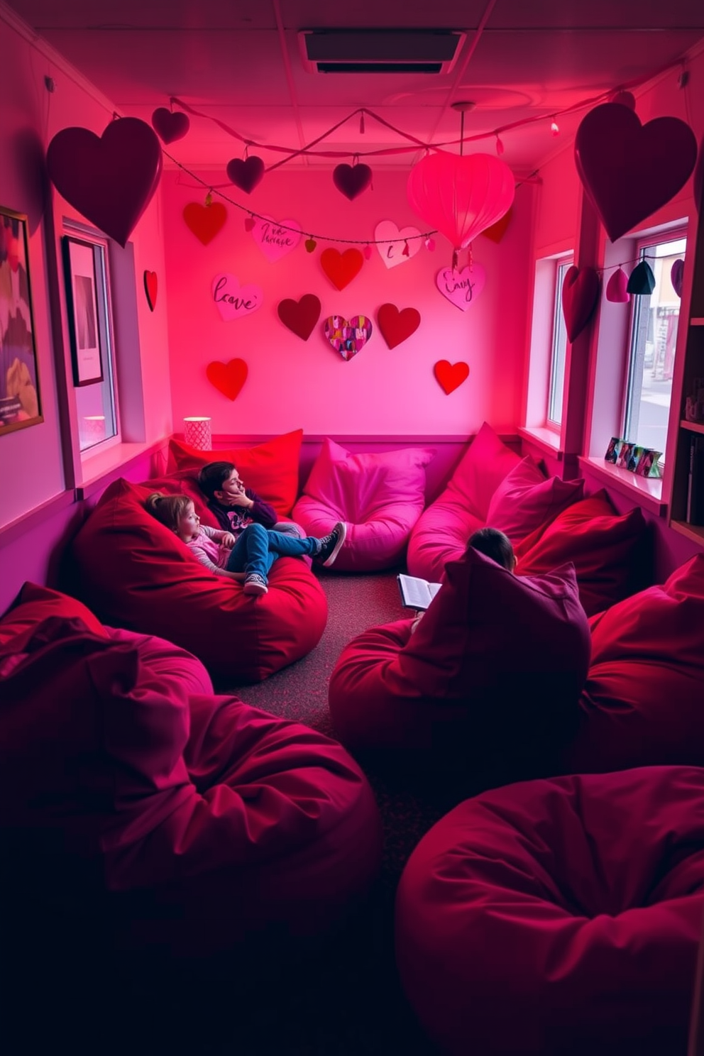 A cozy reading nook filled with vibrant red and pink bean bags, perfect for a relaxed atmosphere. Soft, ambient lighting creates a warm glow, while heart-themed decorations add a playful touch for Valentine's Day.