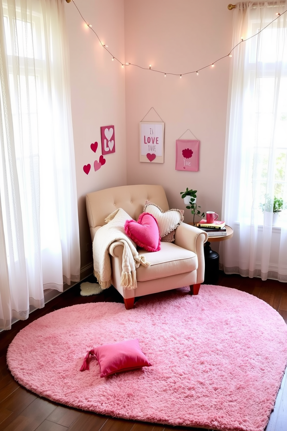 A cozy reading nook adorned with a heart-shaped area rug in soft pastel colors. The nook features a plush armchair with a throw blanket draped over one side, a small side table holding a stack of romantic novels, and a window with sheer curtains allowing soft light to filter in. Valentine's Day decorations add a whimsical touch, with heart-shaped pillows scattered on the armchair and a string of fairy lights hanging above. A small potted plant sits on the windowsill, complementing the inviting atmosphere of this charming retreat.