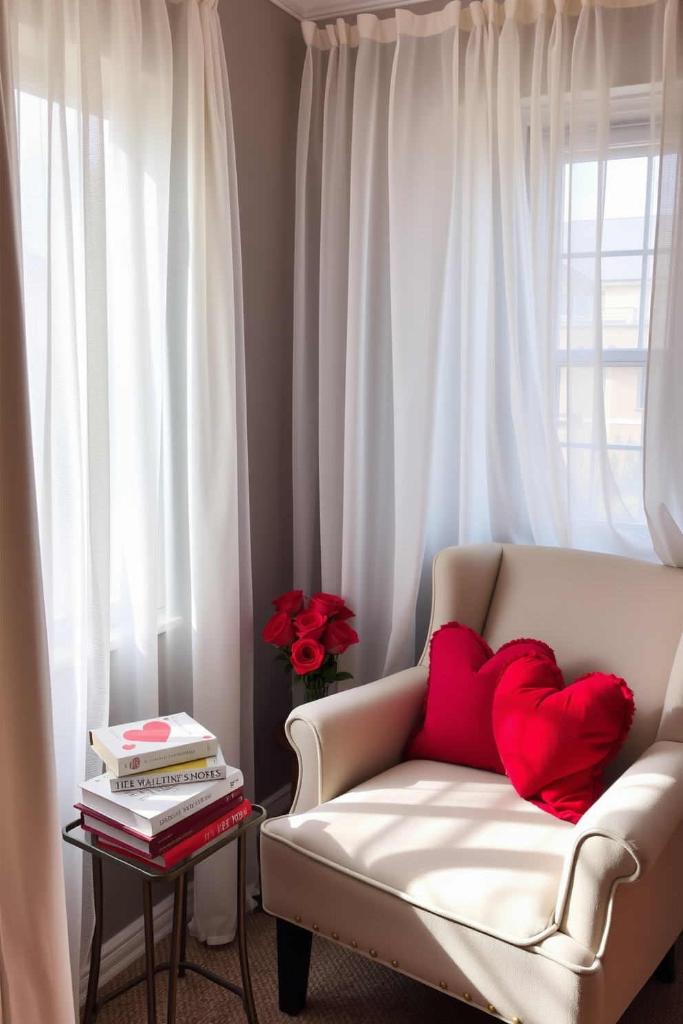 A cozy reading nook adorned with romantic sheer curtains that gently filter soft, natural light. The space features a plush armchair, a small side table with a stack of love-themed books, and delicate Valentine's Day decorations like heart-shaped pillows and a vase of red roses.