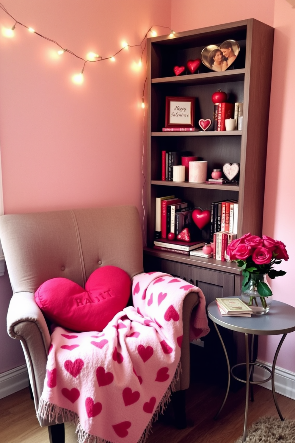 A cozy reading nook adorned for Valentine's Day, featuring a plush armchair draped with a soft, heart-patterned throw blanket. The bookshelf beside it is filled with romantic novels and decorative items like heart-shaped trinkets and candles, all in shades of red and pink. The walls are painted a soft pastel hue, creating a warm and inviting atmosphere. String lights are delicately hung above the bookshelf, adding a gentle glow to the space, while a small table holds a vase of fresh roses.