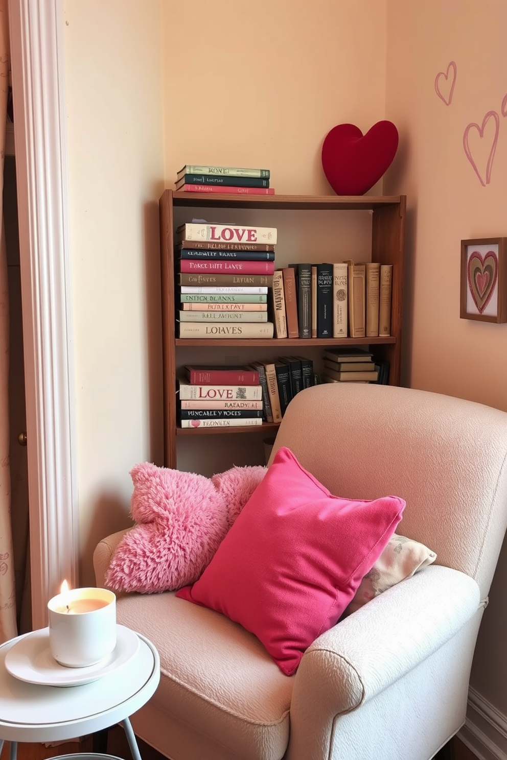 A cozy reading nook adorned with vintage love-themed books stacked on a rustic wooden shelf. Soft, plush cushions in shades of pink and red are scattered across a comfortable armchair, inviting relaxation and romance. The walls are painted in a warm cream tone, accented with delicate heart-shaped wall art. A small side table holds a steaming cup of tea and a fragrant candle, creating an intimate atmosphere perfect for Valentine's Day.