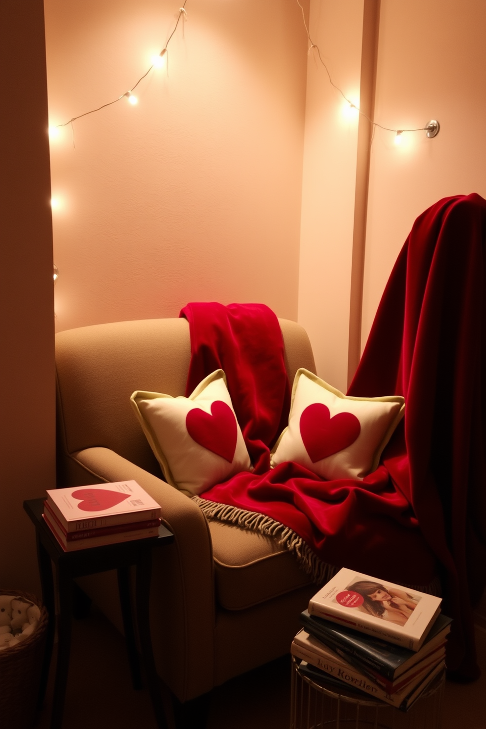 A cozy reading nook adorned with a plush red velvet throw draped over a comfortable armchair. Soft, ambient lighting creates a warm atmosphere, complemented by heart-themed decorative cushions and a small side table with a stack of romantic novels.