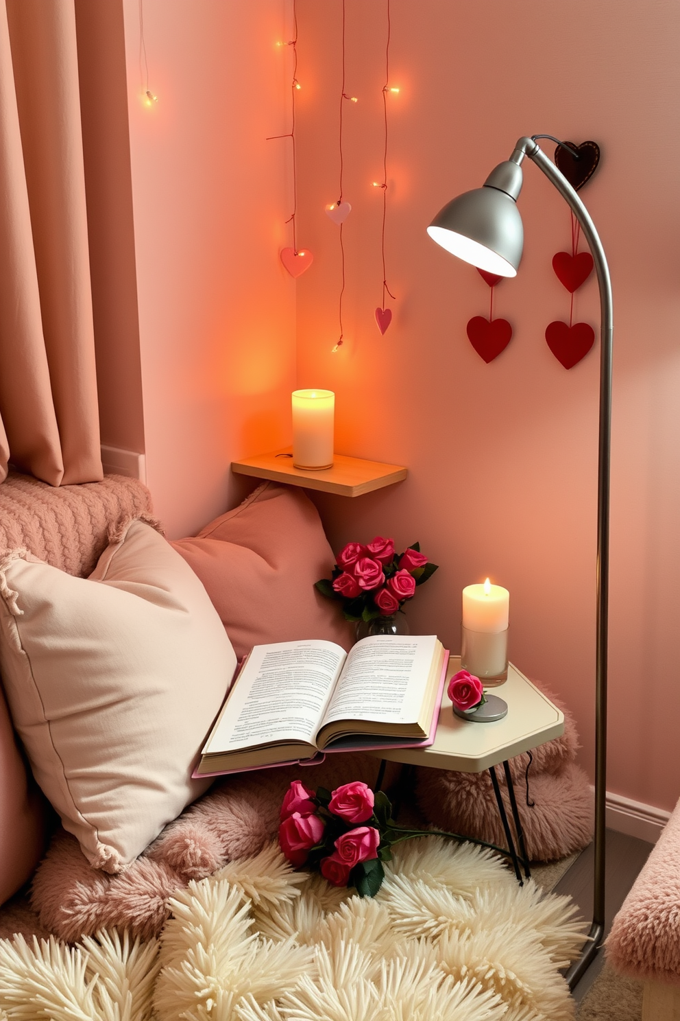 A cozy reading nook adorned with soft cushions and a plush throw blanket invites relaxation. The space is illuminated by warm, ambient lighting from a nearby floor lamp, creating an inviting atmosphere perfect for curling up with a good book. For Valentine's Day, the nook is decorated with rose-scented candles placed on a small side table. Delicate heart-shaped decorations hang from the wall, while a bouquet of fresh roses adds a romantic touch to the overall design.