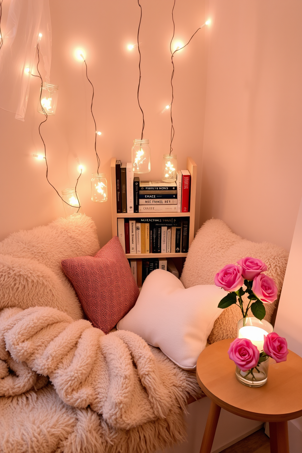 A cozy reading nook adorned with soft, plush cushions and a warm throw blanket. Fairy lights are delicately strung inside glass jars, casting a gentle glow over a small bookshelf filled with beloved novels. For Valentine's Day, the nook is decorated with heart-shaped pillows and a small vase of fresh roses on a side table. A sweet, romantic atmosphere is created with pastel-colored accents and subtle, soft lighting.