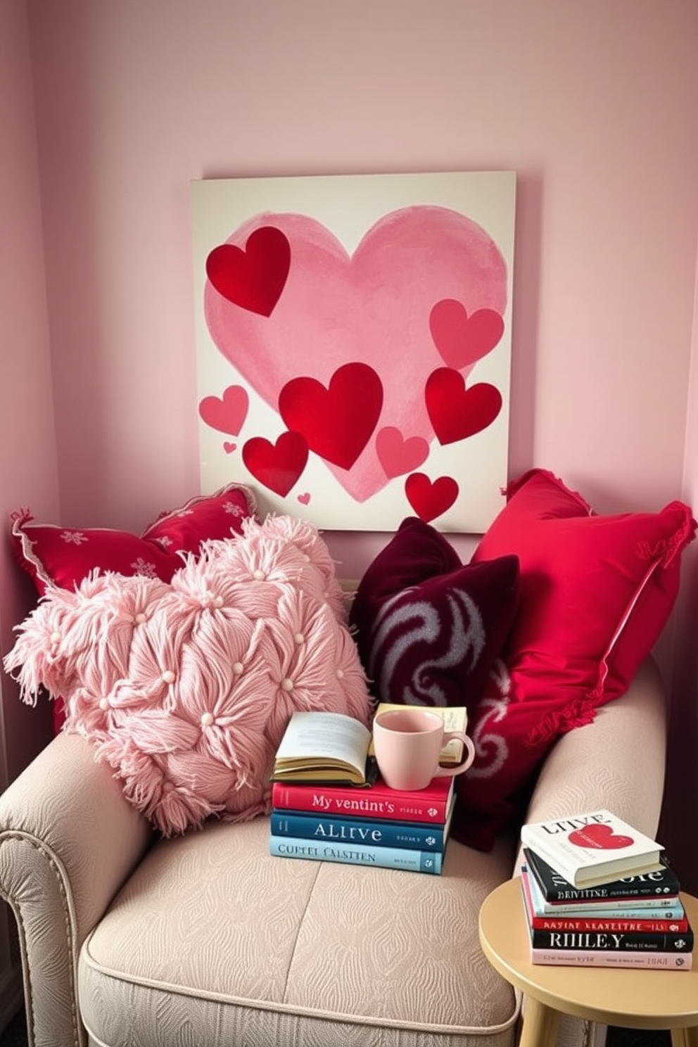 A cozy reading nook adorned with oversized heart wall art creates a romantic atmosphere. Plush cushions in shades of pink and red are scattered across a comfortable armchair, inviting you to curl up with a good book. The walls are painted in soft pastel tones, enhancing the warmth of the space. A small side table holds a stack of love-themed novels and a steaming cup of tea, perfect for a Valentine's Day retreat.