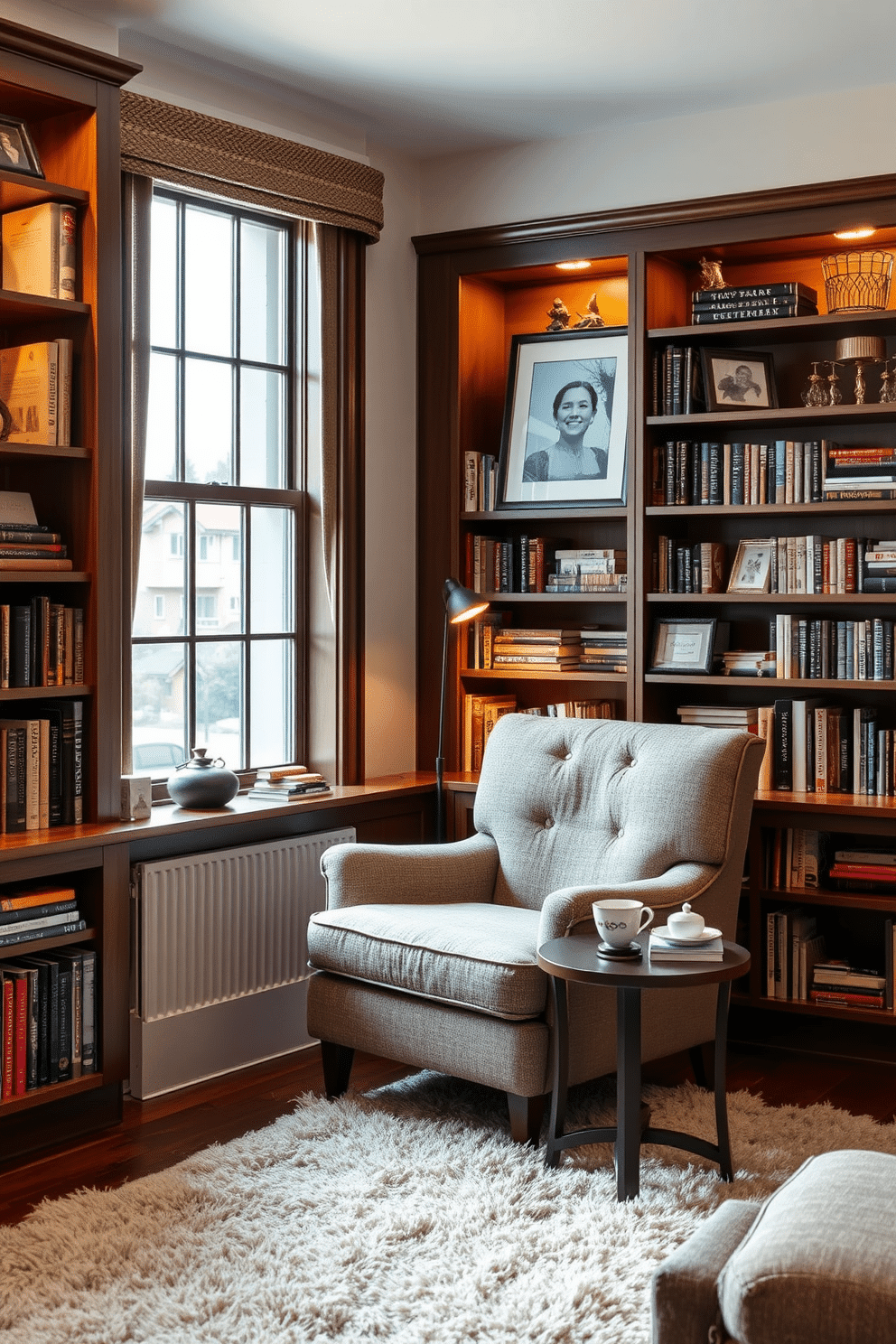 A cozy nook features an oversized armchair upholstered in soft, textured fabric, positioned next to a small side table holding a steaming cup of tea. Surrounding the nook are built-in bookshelves filled with an eclectic mix of books, framed photographs, and decorative items, creating an inviting atmosphere for relaxation and reading. The reading room is designed with warm, ambient lighting that highlights the rich wood tones of the shelves and the deep hues of the armchair. A plush area rug anchors the space, while a large window allows natural light to filter in, enhancing the tranquil ambiance of this home library.