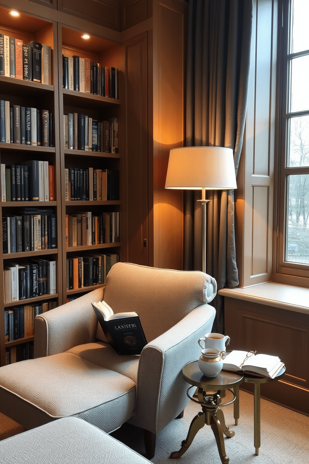 A cozy reading corner features a plush armchair upholstered in soft, textured fabric, positioned next to a tall, elegant floor lamp that casts a warm glow. The walls are lined with built-in bookshelves filled with an array of books, and a small side table holds a steaming cup of tea and a pair of reading glasses, inviting you to relax and enjoy a good book.