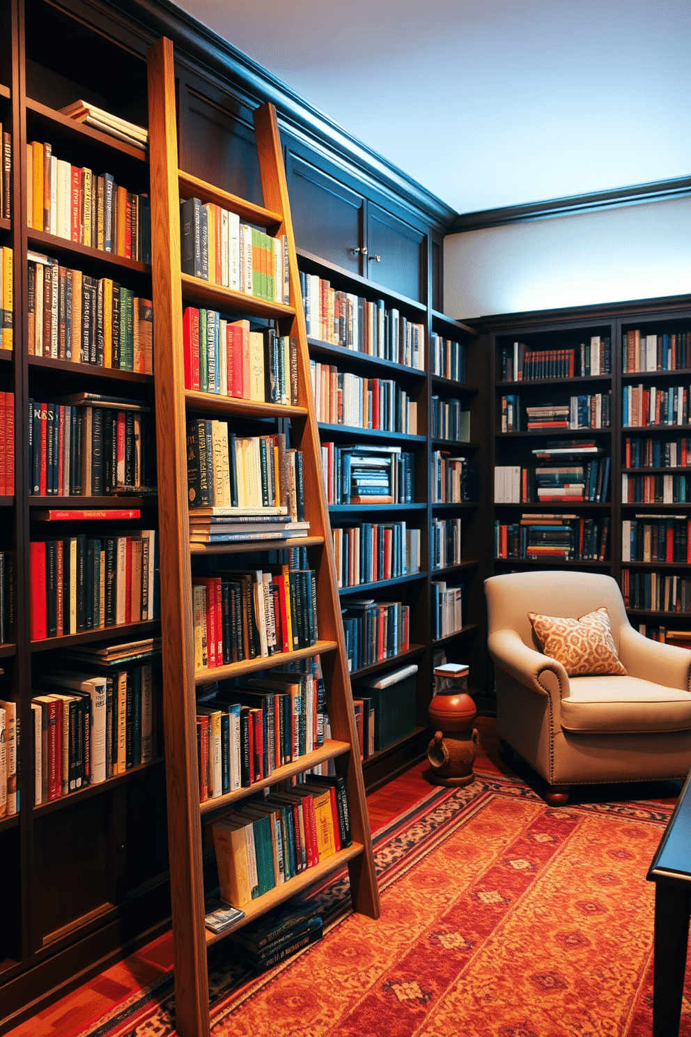 A cozy reading room featuring a vintage wooden ladder used for displaying an array of colorful books. The walls are lined with dark wood shelves filled with literature, while a plush armchair sits in the corner, inviting relaxation. Soft, warm lighting illuminates the space, creating an inviting atmosphere for reading. A patterned area rug lies beneath the chair, adding texture and warmth to the room.