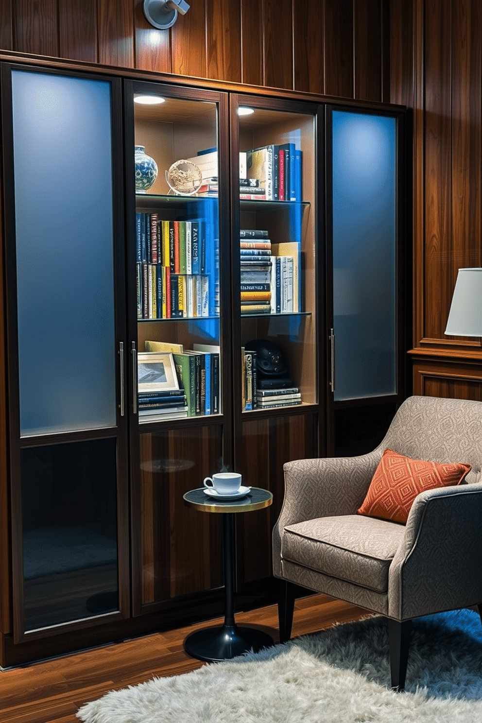 A stylish reading room features a cabinet with sleek glass doors, showcasing an array of colorful books and decorative items. Soft, ambient lighting highlights the inviting atmosphere, while a cozy armchair sits nearby, perfect for curling up with a good read. The walls are lined with rich wood paneling, creating a warm and sophisticated backdrop for the space. A plush area rug adds comfort underfoot, and a small side table holds a steaming cup of tea, completing the perfect reading nook.