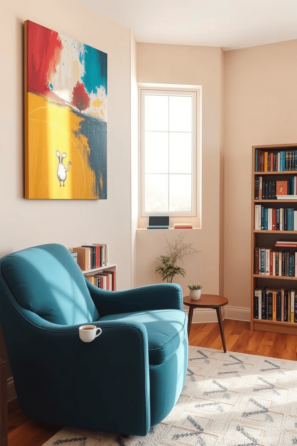 A cozy reading room filled with natural light. The walls are painted in a soft beige, and a plush, oversized armchair in a deep teal hue sits in the corner next to a sleek wooden bookshelf filled with colorful books. A large area rug with a subtle geometric pattern anchors the space, while a small side table holds a steaming cup of tea. A vibrant abstract painting hangs above the armchair, adding a splash of color to the neutral palette.