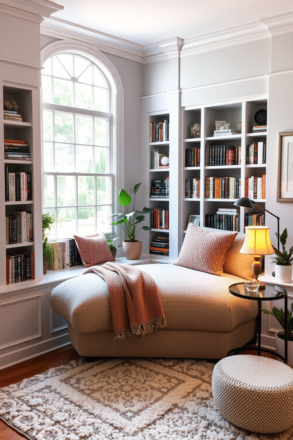 A cozy reading nook featuring a plush chaise lounge upholstered in soft, textured fabric, positioned near a large window that allows natural light to flood the space. Surrounding the lounge are built-in bookshelves filled with an eclectic mix of books, with a small side table holding a steaming cup of tea and a stylish reading lamp casting a warm glow. The walls are painted in a calming, light gray hue, complemented by a plush area rug that adds warmth underfoot. Decorative elements include framed art pieces and a few potted plants that bring a touch of nature indoors, creating an inviting atmosphere perfect for relaxation and reading.