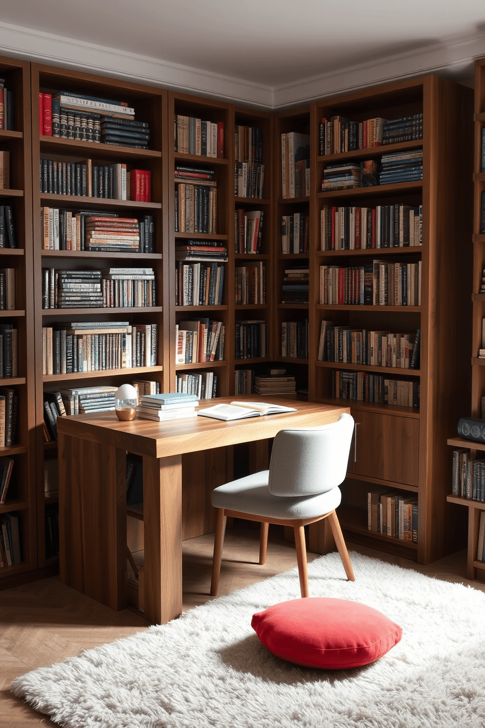 A cozy reading workspace featuring a corner desk made of reclaimed wood, with a sleek, minimalist design. The desk is adorned with a stylish desk lamp, a stack of books, and a comfortable chair upholstered in soft fabric, inviting hours of reading. Surrounding the desk, tall bookshelves filled with an eclectic mix of books create an intimate library atmosphere. The walls are painted in a warm, inviting hue, and a plush area rug adds comfort underfoot, completing the serene reading nook.