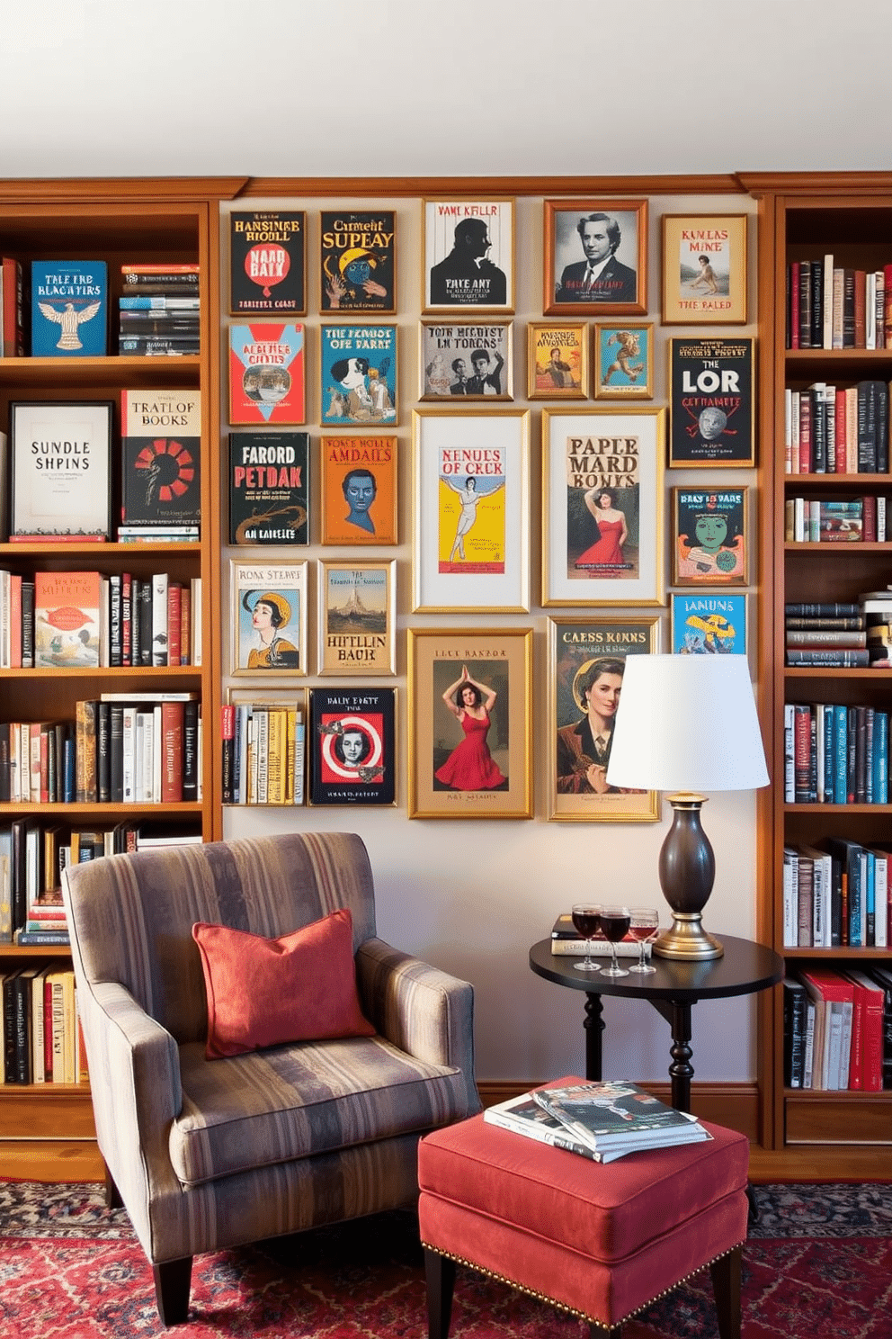 A cozy reading room features a gallery wall adorned with an eclectic mix of framed book covers, showcasing colorful and vintage designs. The wall serves as a vibrant focal point, complementing the warm wood bookshelves filled with neatly arranged novels and art books. The seating area includes a plush armchair in a rich fabric, paired with a small side table for drinks and a reading lamp. Soft, ambient lighting enhances the inviting atmosphere, while a patterned area rug anchors the space, adding texture and comfort.