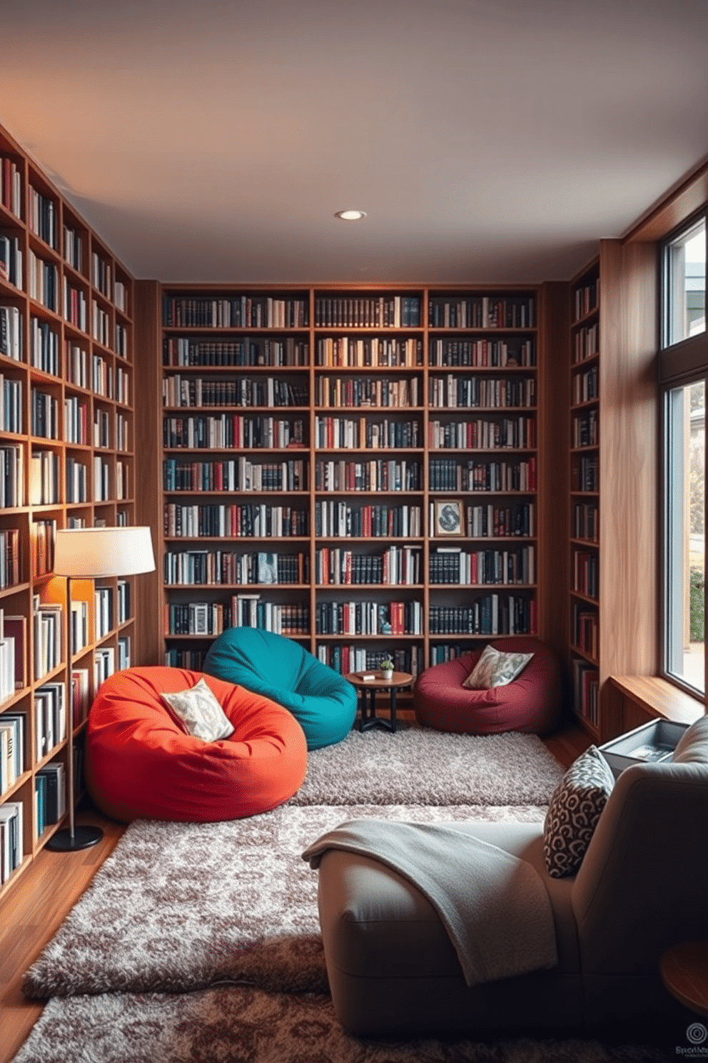 A cozy reading nook featuring oversized bean bag chairs in vibrant colors, surrounded by floor-to-ceiling bookshelves filled with a diverse collection of books. Soft, ambient lighting from a stylish floor lamp creates a warm atmosphere, while a plush area rug adds comfort underfoot. The reading room is designed with a modern home library aesthetic, incorporating sleek wooden shelves and a comfortable chaise lounge for relaxation. Large windows allow natural light to flood the space, enhancing the inviting ambiance and making it a perfect retreat for book lovers.