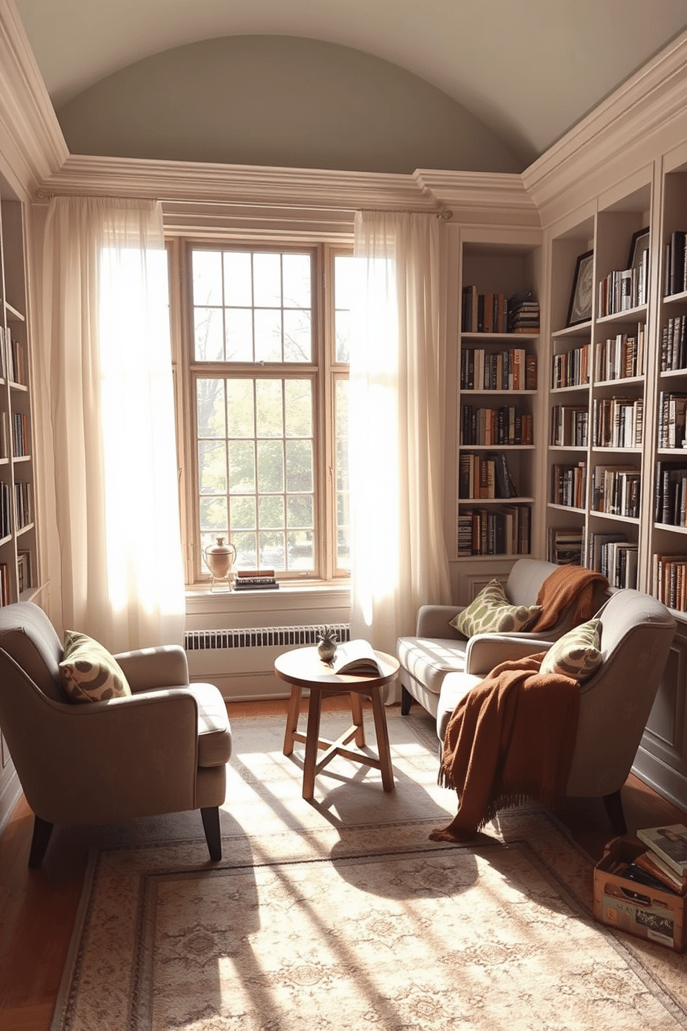 A cozy reading room filled with natural light, featuring a large window with sheer curtains that gently diffuse the sunlight. Plush armchairs are arranged around a small wooden table, inviting you to settle in with a good book. The walls are lined with built-in bookshelves, showcasing an array of colorful books and decorative items. A soft area rug anchors the space, while warm throw blankets are draped over the armchairs, adding a touch of comfort and inviting relaxation.