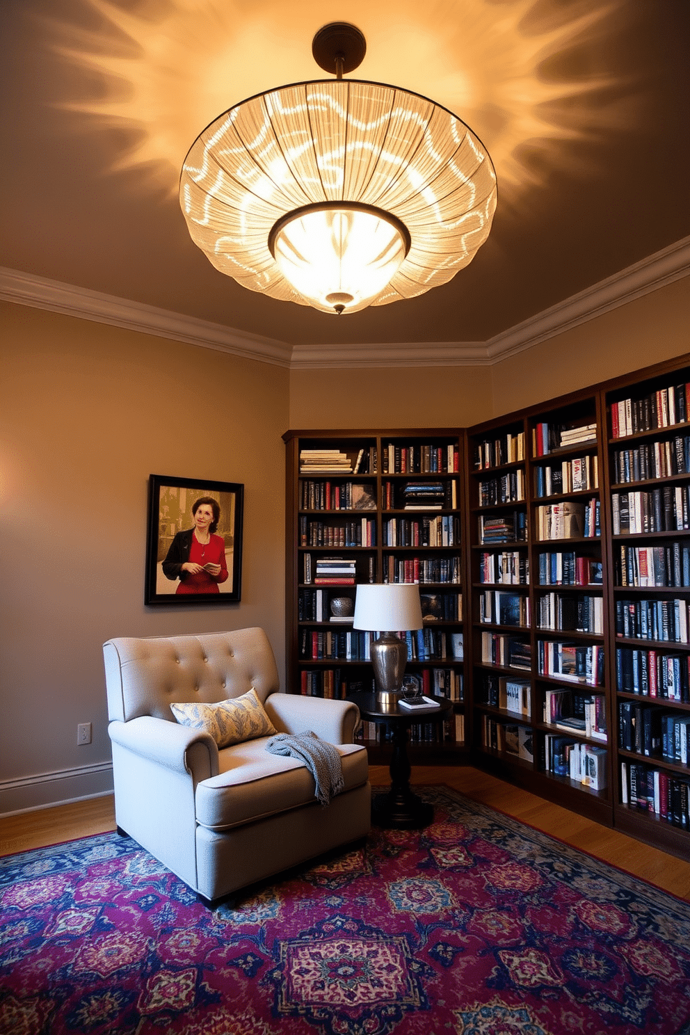 An artistic ceiling light fixture serves as the stunning focal point of the reading room, casting a warm glow across the space. Surrounding the fixture, tall bookshelves filled with an eclectic mix of books create an inviting atmosphere for readers. A plush, oversized armchair is positioned in the corner, accompanied by a small side table for drinks and a cozy throw blanket. The walls are painted in a soft taupe, while a rich, patterned area rug anchors the seating area, adding texture and warmth to the room.