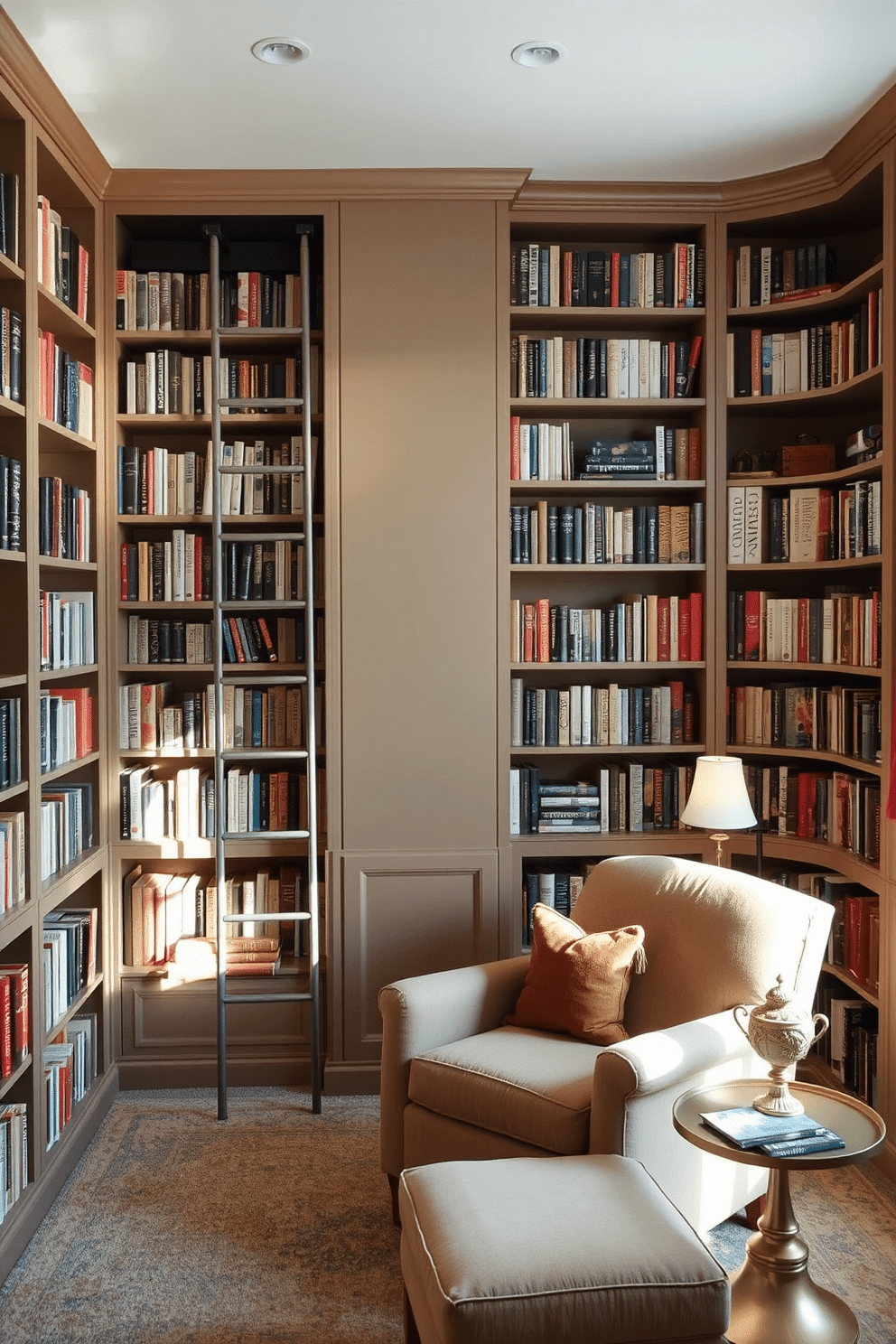 A cozy reading room featuring built-in bookshelves that stretch from floor to ceiling, showcasing an extensive collection of books. A sliding ladder glides along the shelves, allowing easy access to the topmost volumes, while a plush armchair sits invitingly in the corner, bathed in soft natural light. The walls are painted in a warm taupe hue, creating a serene atmosphere perfect for reading. A small side table next to the armchair holds a steaming cup of tea and a decorative lamp, enhancing the room's inviting ambiance.