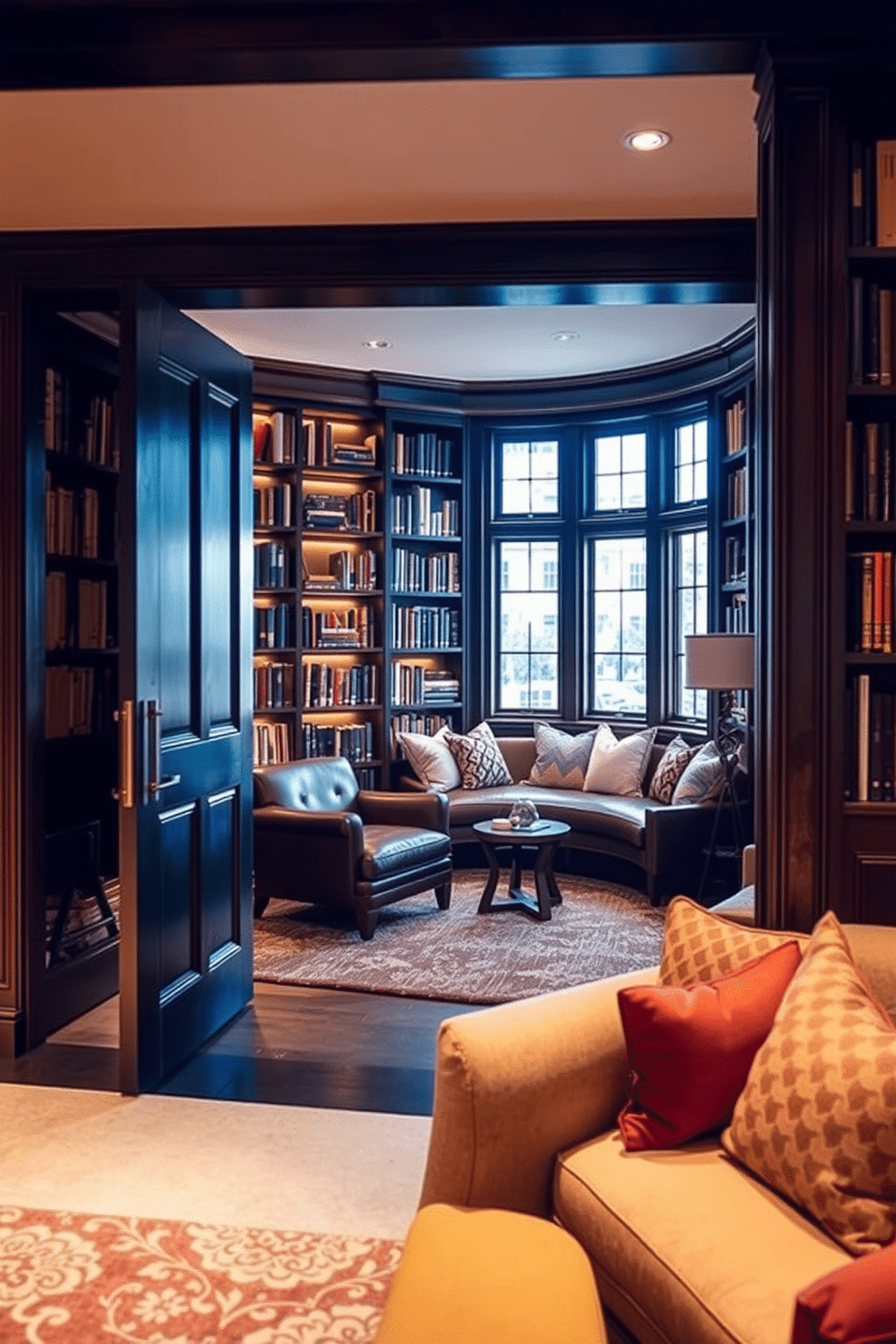 A hidden door seamlessly blends into the wall, revealing a secret library filled with floor-to-ceiling bookshelves. Soft, ambient lighting illuminates the space, highlighting the rich textures of leather armchairs and a plush area rug. The reading room features a cozy nook with a large bay window, adorned with comfortable cushions and a small side table. Dark wood accents and warm colors create an inviting atmosphere, perfect for curling up with a good book.