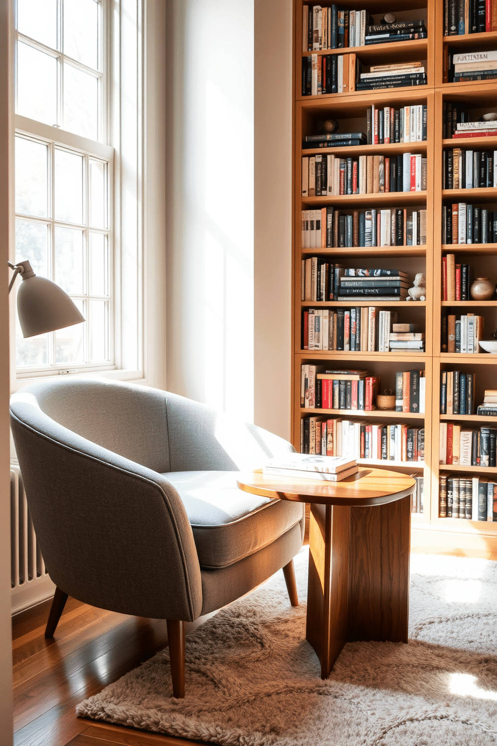 A chic armchair upholstered in soft gray fabric is positioned next to a sleek, minimalist side table made of polished wood. The room is bathed in warm, natural light from a nearby window, creating an inviting atmosphere for reading and relaxation. Surrounding the armchair, tall bookshelves filled with an eclectic mix of books and decorative items add character to the space. A plush area rug in muted tones anchors the seating arrangement, enhancing the cozy ambiance of the home library.