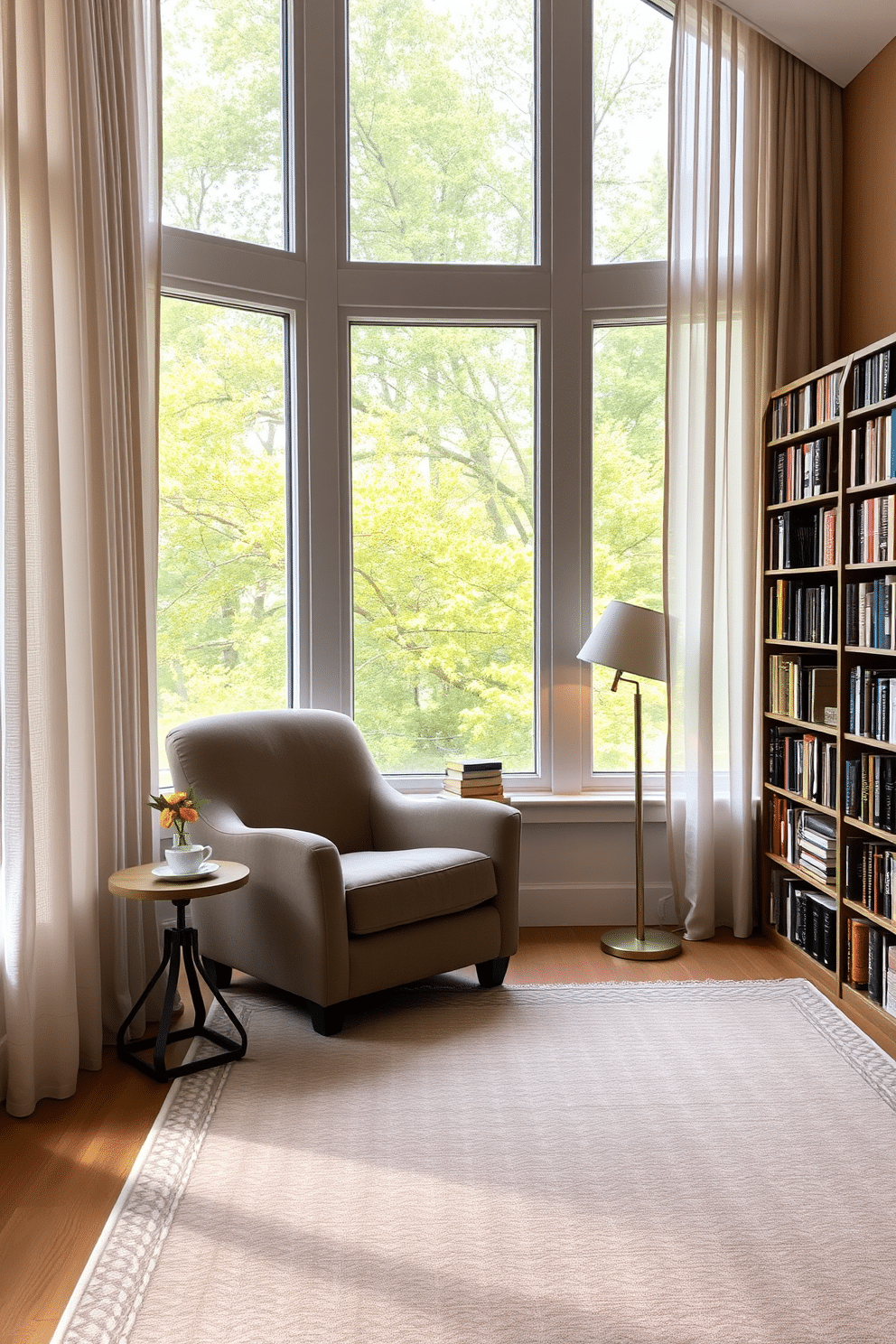 A cozy reading room filled with natural light from expansive floor-to-ceiling windows. The space features a plush, oversized armchair, a small side table with a steaming cup of tea, and a tall bookshelf lined with books in various colors. Soft, sheer curtains frame the windows, allowing sunlight to filter through while maintaining privacy. A warm, neutral color palette enhances the inviting atmosphere, complemented by a patterned area rug underfoot and a reading lamp in the corner for evening relaxation.