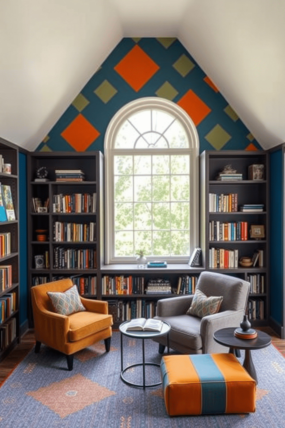 A vibrant reading room with a colorful accent wall that features a bold geometric pattern in shades of blue, orange, and yellow. The room is filled with cozy seating options, including a plush armchair and a small side table, inviting you to relax and get lost in a book. The home library is designed with built-in bookshelves that stretch from floor to ceiling, showcasing a curated collection of books and decorative items. Soft, ambient lighting highlights the shelves, while a large window allows natural light to flood the space, creating an inspiring atmosphere for creativity and reflection.