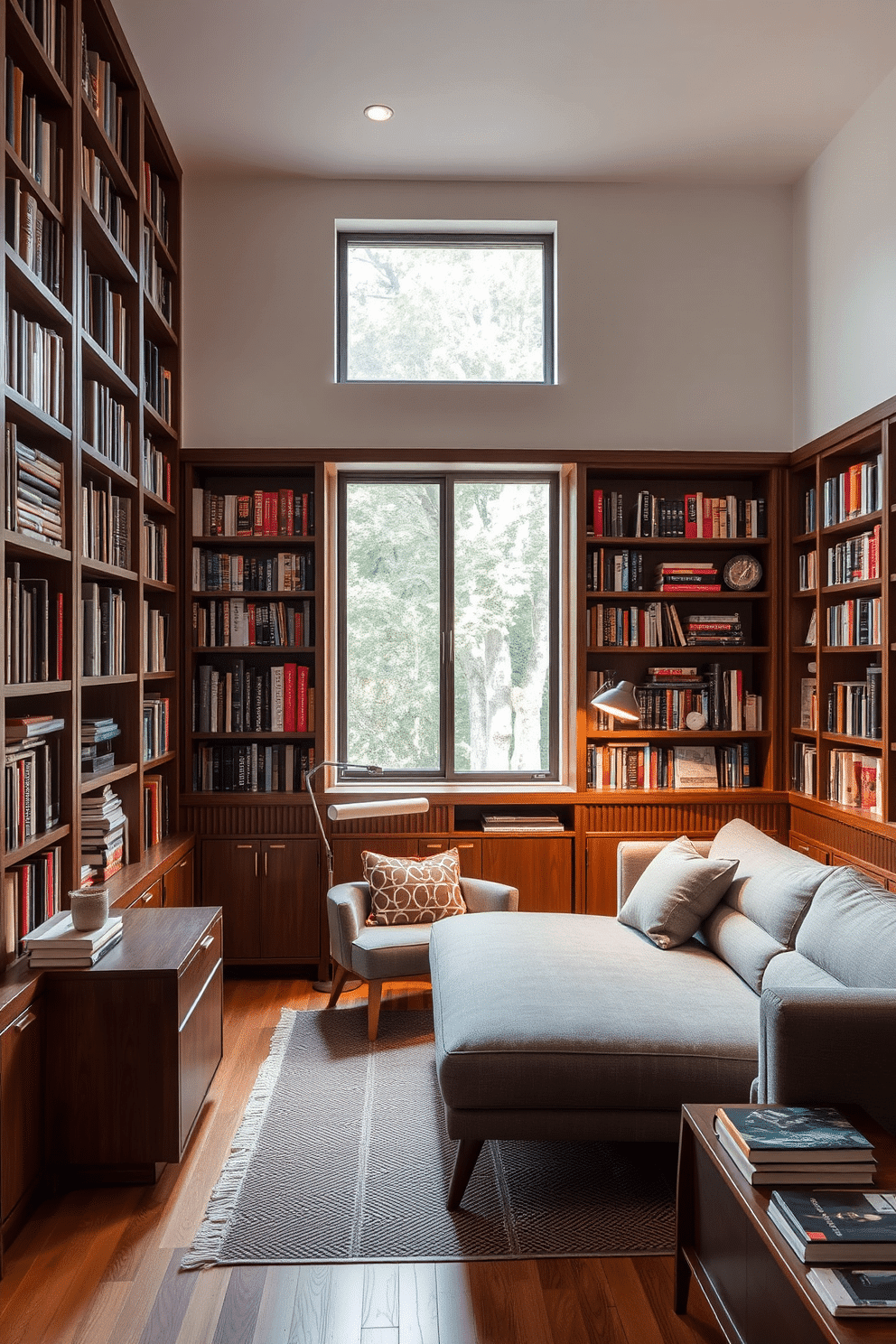 A multi-functional space features a stylish sofa bed that seamlessly converts into a comfortable sleeping area. The walls are lined with built-in bookshelves filled with an eclectic mix of literature, creating an inviting atmosphere for reading and relaxation. In the reading room, a cozy armchair is positioned near a large window, allowing natural light to flood the space. Soft, ambient lighting from a modern floor lamp complements the warm tones of the wooden furniture, enhancing the tranquil vibe of the home library.