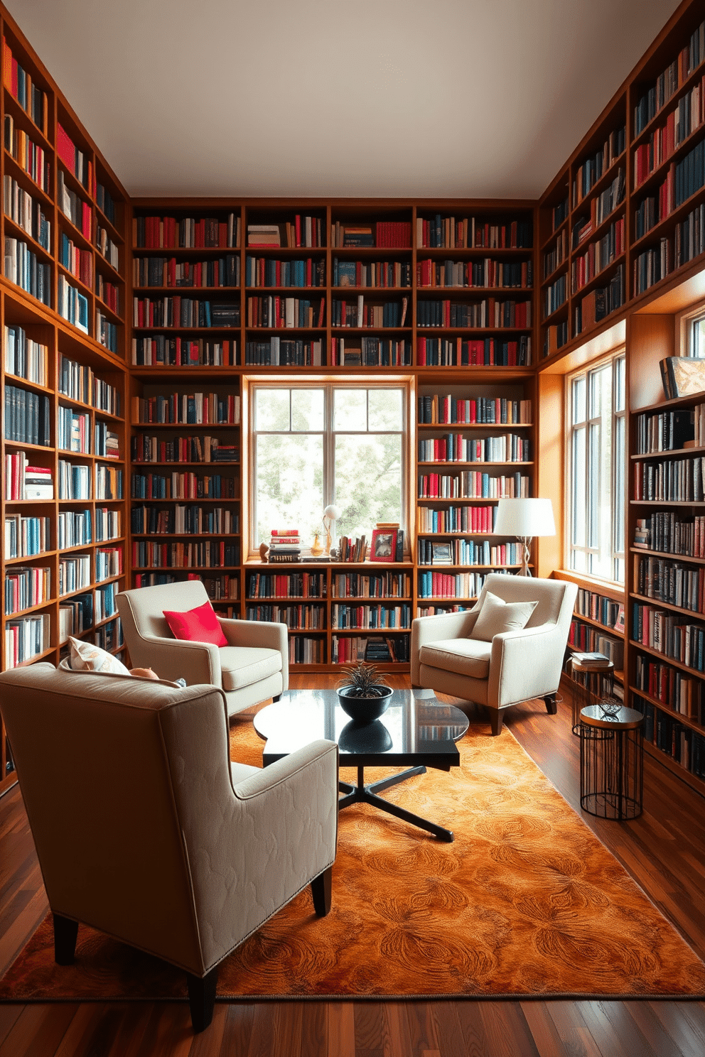 A cozy reading room adorned with bookshelves organized by color, creating a vibrant and visually appealing atmosphere. Plush armchairs in soft fabrics are strategically placed for comfort, while a warm area rug anchors the space. Large windows allow natural light to flood in, illuminating the rich hues of the books. A stylish coffee table in the center invites relaxation, complemented by a small potted plant for a touch of greenery.