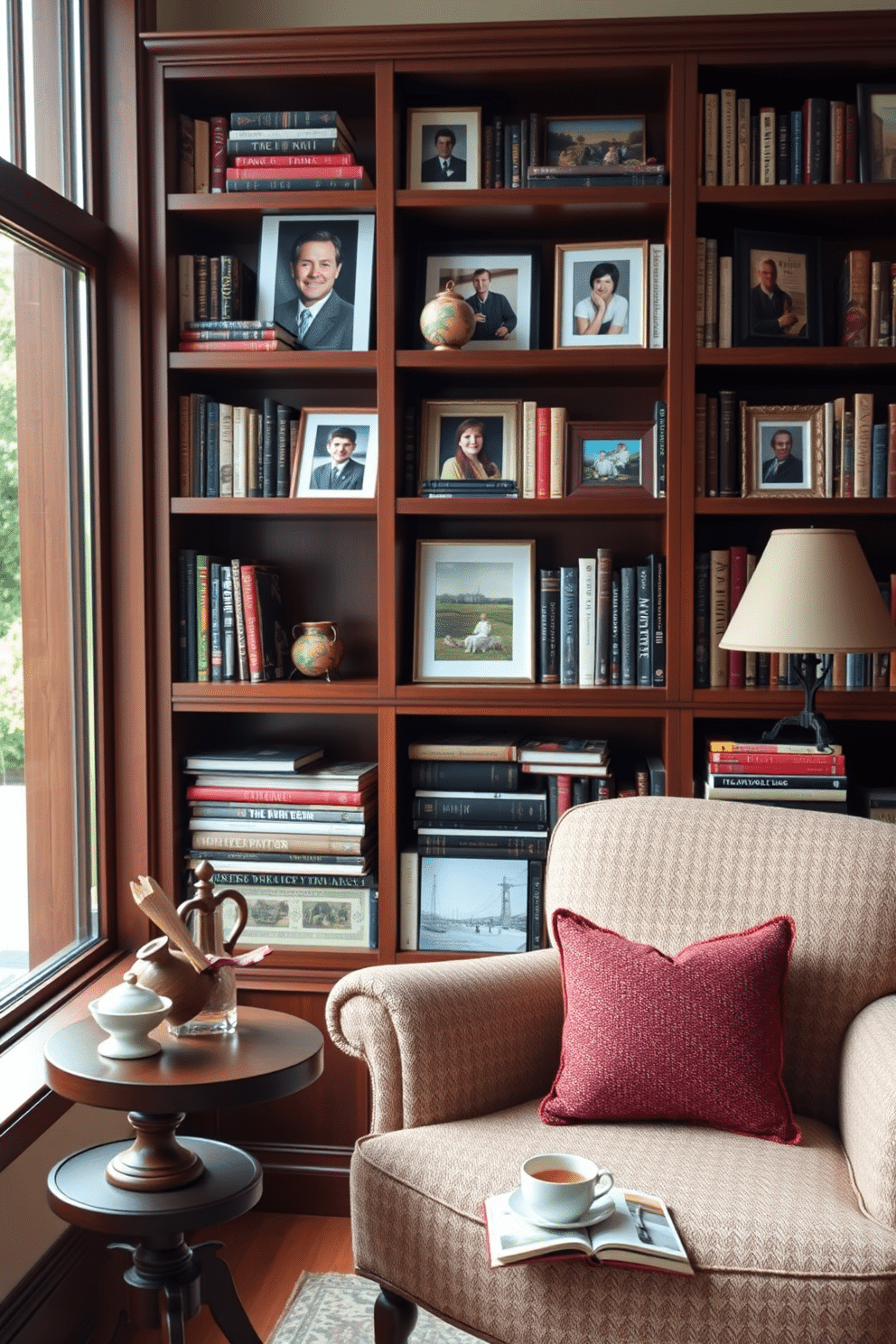 A personalized bookshelf filled with cherished family photos and a variety of books creates a warm and inviting atmosphere. The shelves are made of rich mahogany wood, and the arrangement includes decorative objects that reflect the family's interests and travels. The reading room features a cozy armchair upholstered in a soft, textured fabric, positioned near a large window that allows natural light to flood the space. A small side table holds a steaming cup of tea and a stack of books, inviting you to settle in and enjoy a peaceful afternoon of reading.