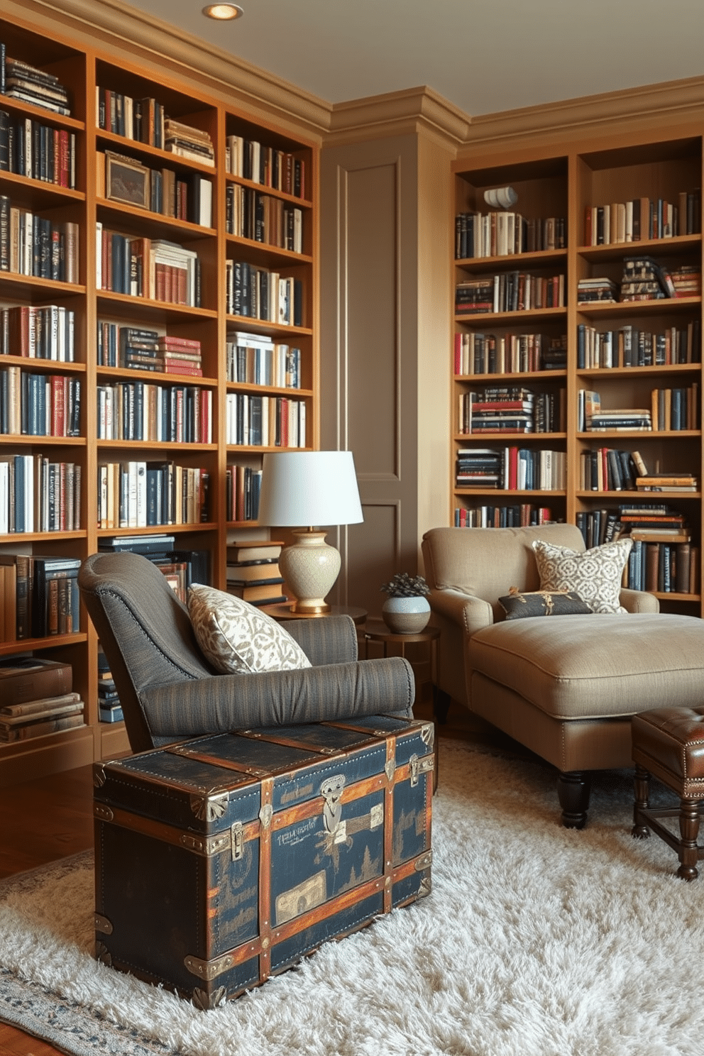 A vintage trunk serves as both a stylish storage solution and a focal point in the reading room. The trunk, adorned with leather straps and brass accents, is positioned at the foot of a cozy armchair, inviting relaxation and a sense of nostalgia. The home library features floor-to-ceiling bookshelves filled with an eclectic mix of books and decorative items. A plush area rug anchors the space, while warm lighting casts a soft glow over a reading nook complete with a comfortable chaise lounge and a small side table for refreshments.