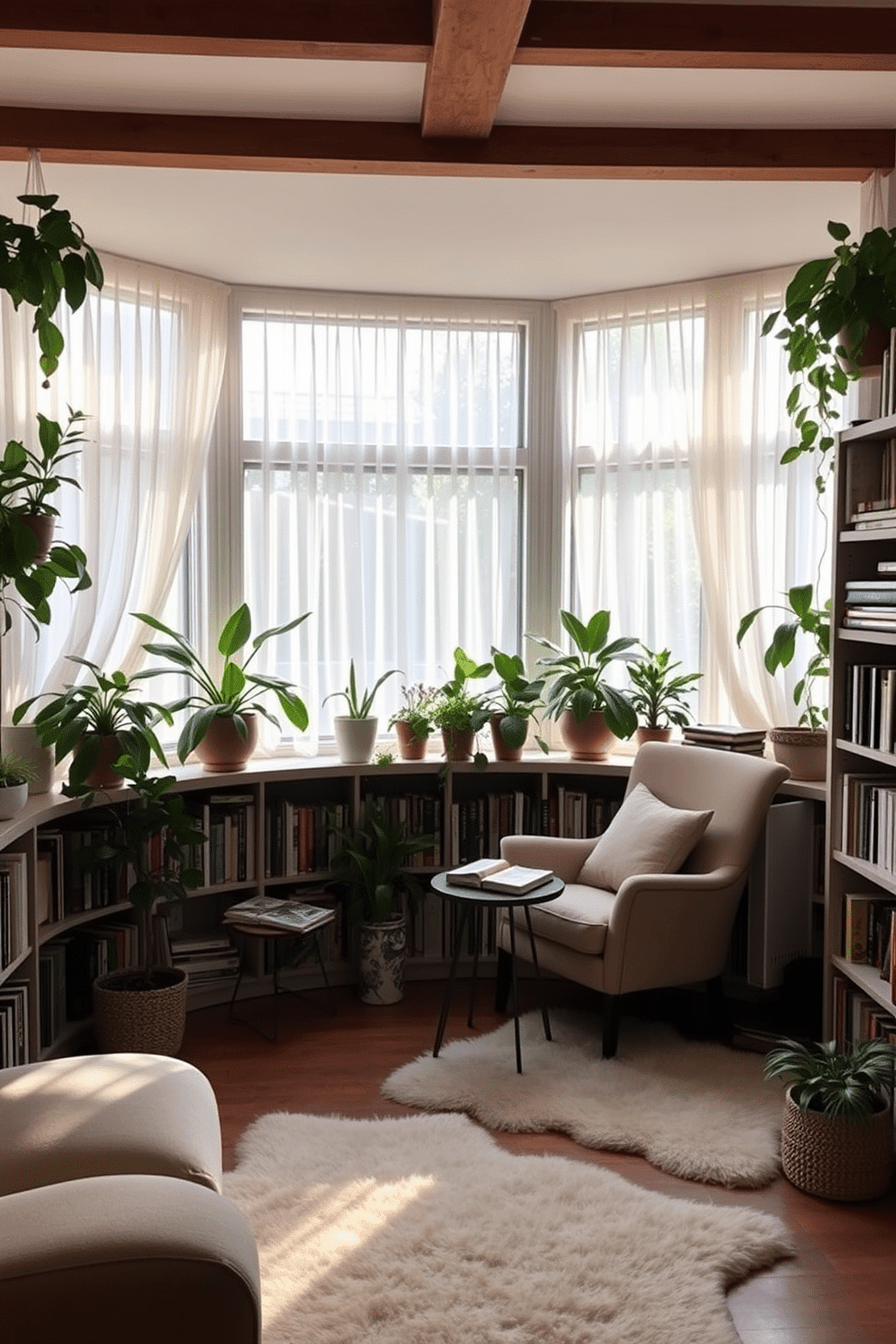 A cozy reading room filled with natural light, featuring a large bay window adorned with sheer white curtains. Lush indoor plants are strategically placed on shelves and in corners, creating a tranquil atmosphere that invites relaxation. The room includes a comfortable armchair upholstered in soft fabric, paired with a small side table for holding books and a warm cup of tea. Shelving units line the walls, filled with an eclectic mix of books and decorative items, while a plush area rug adds warmth to the wooden floor.