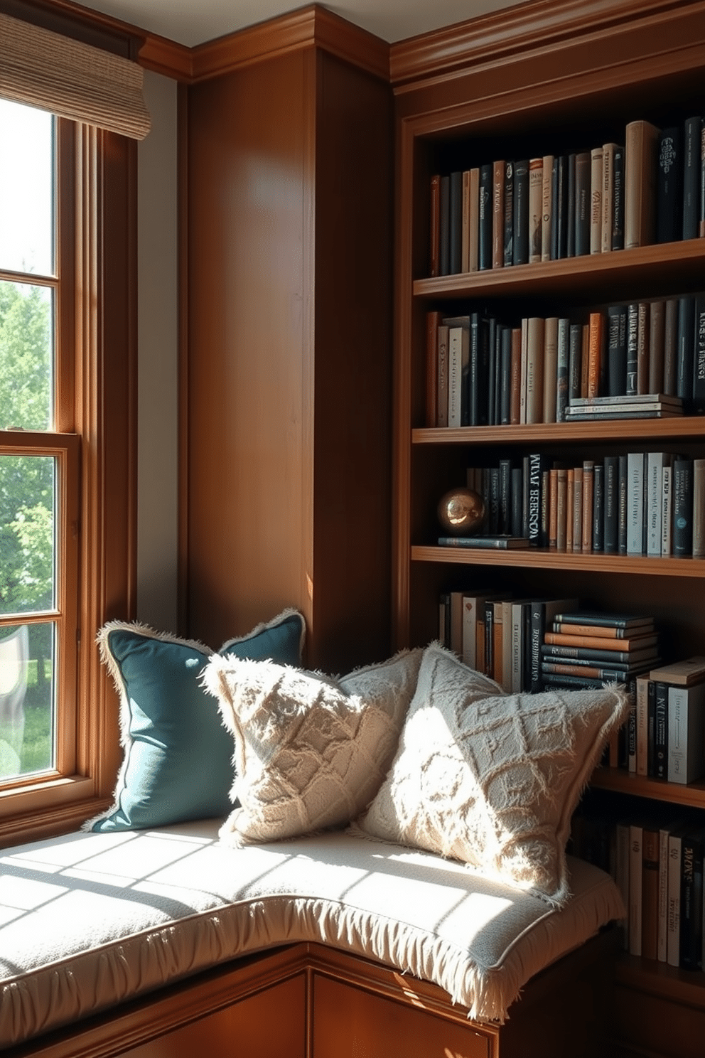 A bright window seat adorned with soft, plush cushions invites relaxation and reading. Sunlight floods the space, highlighting the warm wooden bookshelves filled with a curated collection of books and decorative objects.