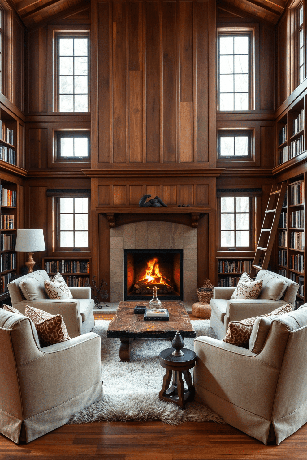 A cozy fireplace serves as the focal point of a warm reading room, framed by built-in bookshelves filled with an array of books. Soft, oversized armchairs are positioned around a rustic coffee table, inviting relaxation and conversation in the ambient glow of the fire. The home library features rich wooden paneling and large windows that allow natural light to flood the space. A plush area rug anchors the seating arrangement, while a stylish ladder leans against the shelves, providing access to the highest books.