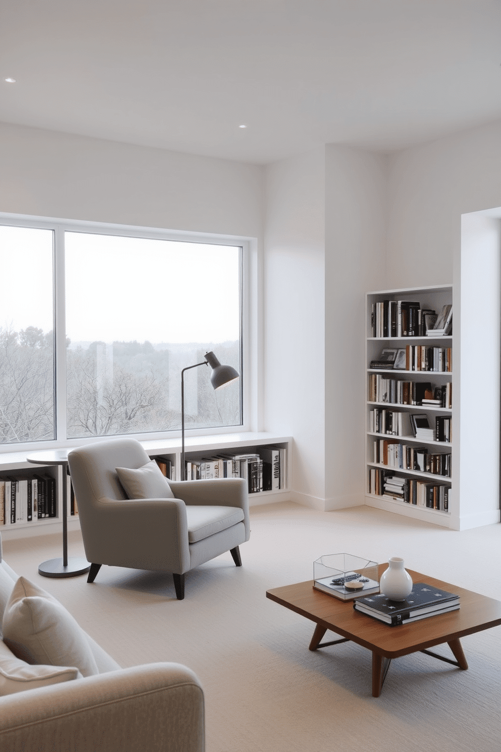 A serene reading room featuring minimalist design with clean lines. The space is adorned with a sleek, low-profile bookshelf filled with neatly arranged books, and a comfortable armchair in a neutral fabric sits in the corner, illuminated by a modern floor lamp. Natural light floods the room through large, unobstructed windows that frame a tranquil outdoor view. The walls are painted in a soft white hue, complemented by a simple wooden coffee table that holds a few carefully curated decor items.