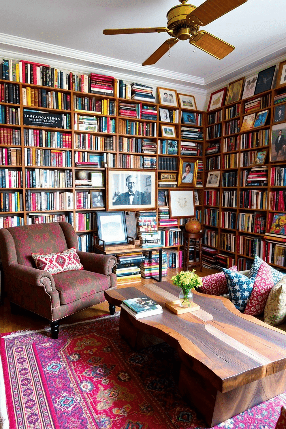 Eclectic decor fills the reading room, showcasing a vibrant array of colorful book spines that line the shelves from floor to ceiling. A cozy armchair, upholstered in a rich tapestry, invites readers to settle in with a good book, while a vintage rug adds warmth to the space. The walls are adorned with an eclectic mix of artwork and framed photographs, creating a gallery-like atmosphere. A unique coffee table, crafted from reclaimed wood, sits at the center, surrounded by cushions in various patterns and textures for added comfort.