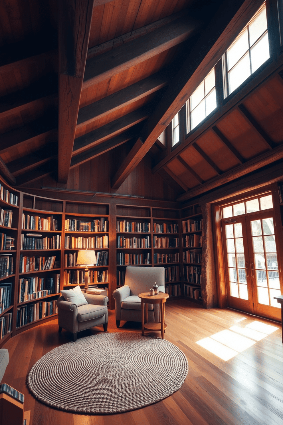 A cozy reading room featuring rustic wood beams that stretch across the ceiling, creating a warm and inviting atmosphere. Soft, ambient lighting illuminates the space, highlighting a collection of bookshelves filled with an array of colorful books. In the center, a plush armchair is positioned beside a small wooden side table, perfect for holding a cup of tea. A woven area rug adds texture to the hardwood floor, while large windows allow natural light to flood the room, enhancing the rustic charm.