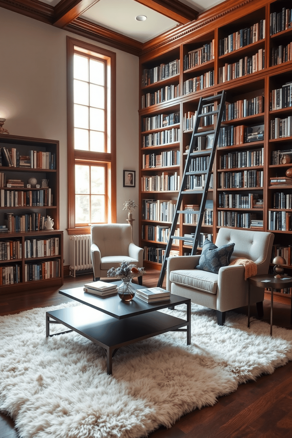 A cozy reading room features a plush, soft area rug layered under a sleek coffee table, inviting comfort and warmth. Shelves filled with books line the walls, while a comfortable armchair sits in the corner, bathed in natural light from a nearby window. The home library is designed with rich wooden bookshelves that stretch from floor to ceiling, showcasing a curated collection of literature. A stylish ladder leans against the shelves, adding a touch of elegance and functionality to the space.