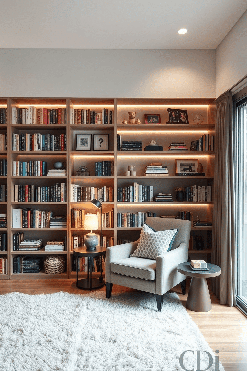 A cozy reading room features wall-mounted shelves that maximize vertical space, adorned with an array of books and decorative items. A comfortable armchair sits in the corner, accompanied by a small side table and a warm floor lamp to create an inviting reading nook. The home library design incorporates sleek, wall-mounted shelves that blend seamlessly with the room's aesthetic, offering ample storage for books and personal collections. A plush rug underfoot and a large window allow natural light to flood the space, enhancing the tranquil atmosphere for reading and relaxation.