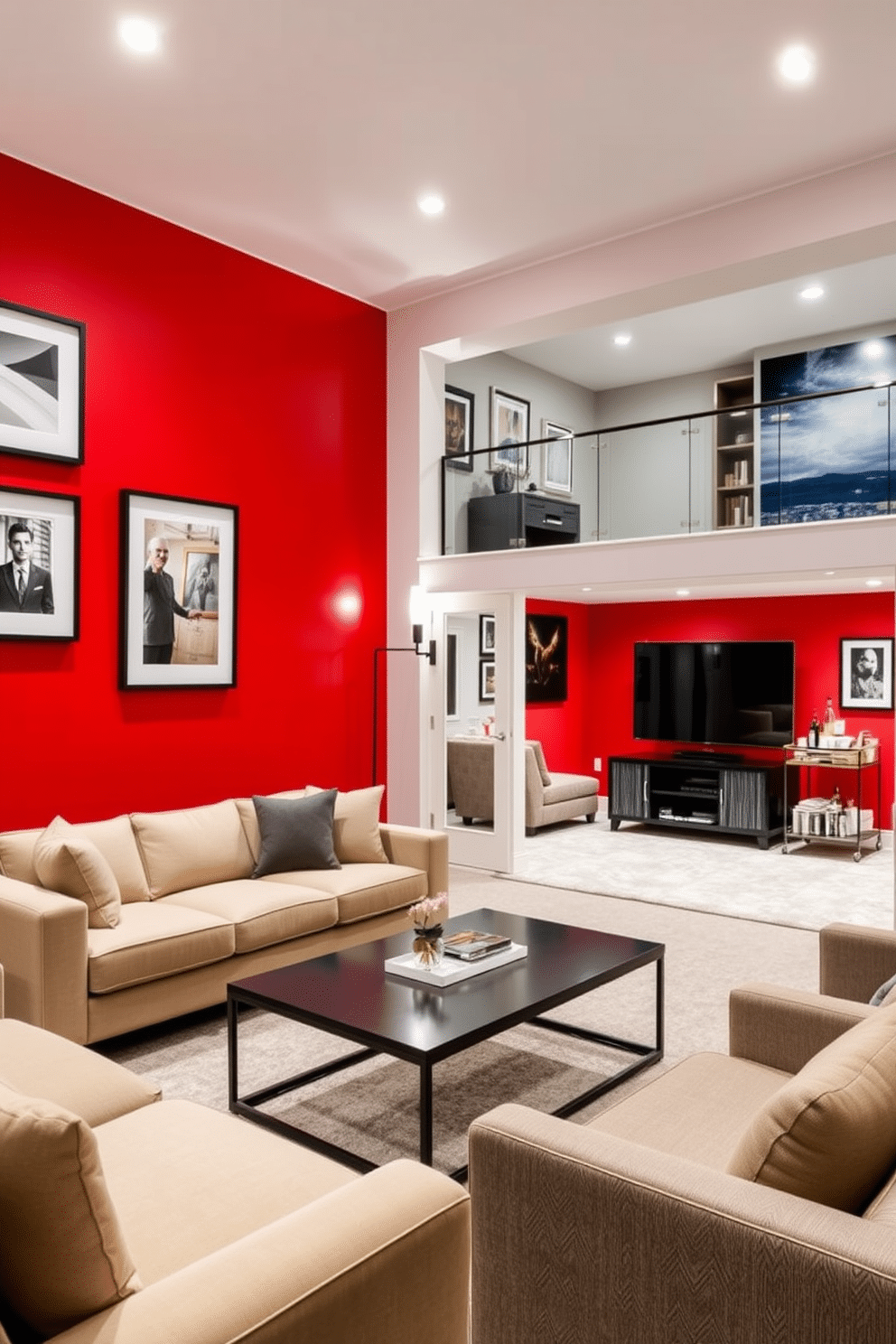 A bold red accent wall serves as the focal point of the room, creating a striking contrast against the neutral decor. The space features a plush beige sofa and a sleek coffee table, complemented by soft lighting that enhances the cozy atmosphere. In the basement, a modern entertainment area is designed with comfortable seating and a large flat-screen TV. The walls are adorned with contemporary art pieces, while a stylish bar cart adds an element of sophistication to the overall design.