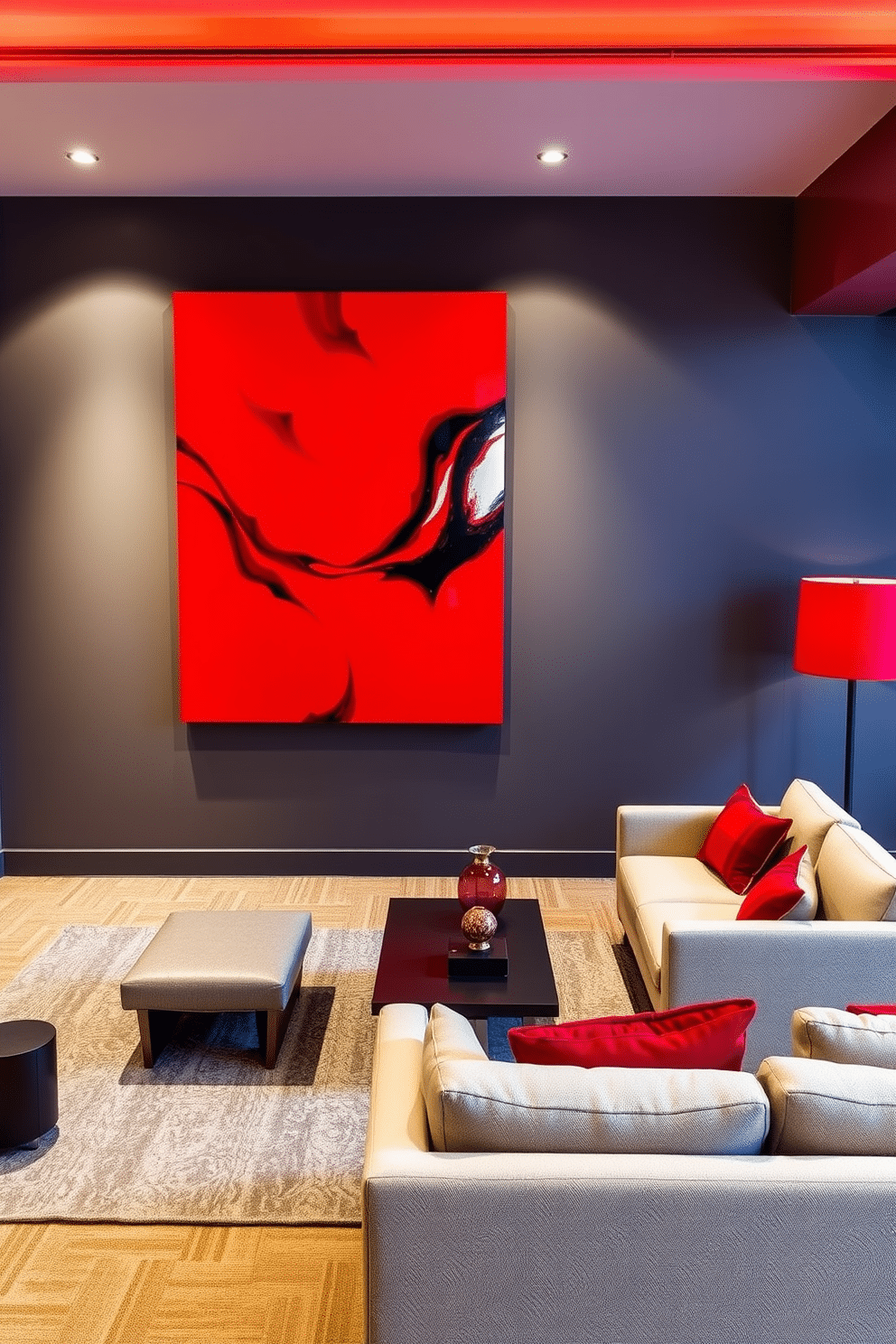 A striking red artwork piece dominates the wall, infusing the space with vibrant personality and energy. The artwork's bold hues are complemented by sleek, modern furniture in neutral tones, creating a stunning contrast. The basement features a cozy lounge area with plush seating arranged around a contemporary coffee table. Soft lighting highlights the red accents throughout the space, enhancing the inviting atmosphere while maintaining a stylish edge.