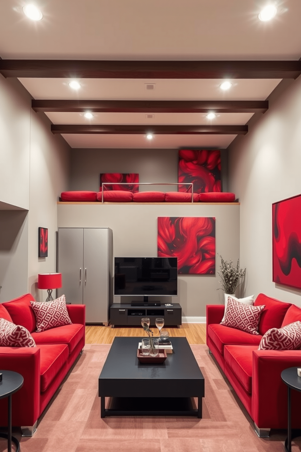 A stylish living room featuring furniture upholstered in rich red fabric. The bold upholstery contrasts beautifully with neutral-toned walls and complements the warm wooden flooring. A modern basement designed with a cozy lounge area that incorporates red accents throughout. Plush red sofas face a sleek entertainment unit, while vibrant red artwork adorns the walls, adding a pop of color to the space.