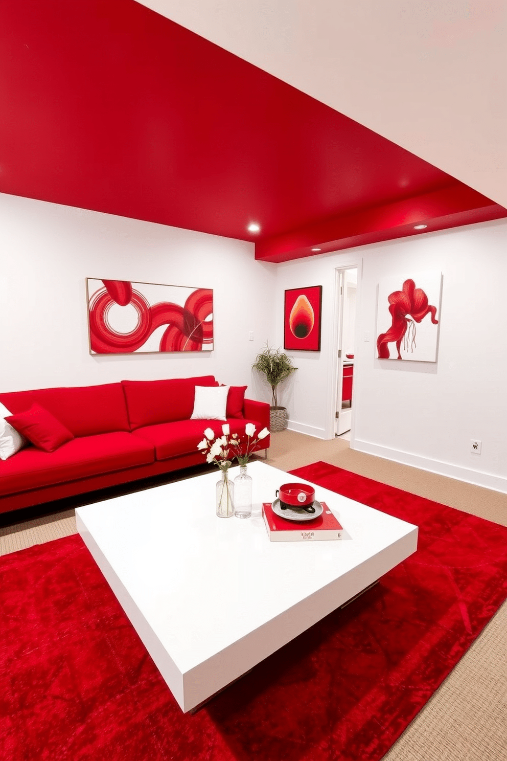 A striking red and white basement design that exudes freshness. The walls are painted a crisp white, while bold red accents are incorporated through furniture and decor elements. The space features a modern sectional sofa in deep red, paired with a sleek white coffee table. Bright artwork with red and white themes adorns the walls, creating a vibrant and inviting atmosphere.