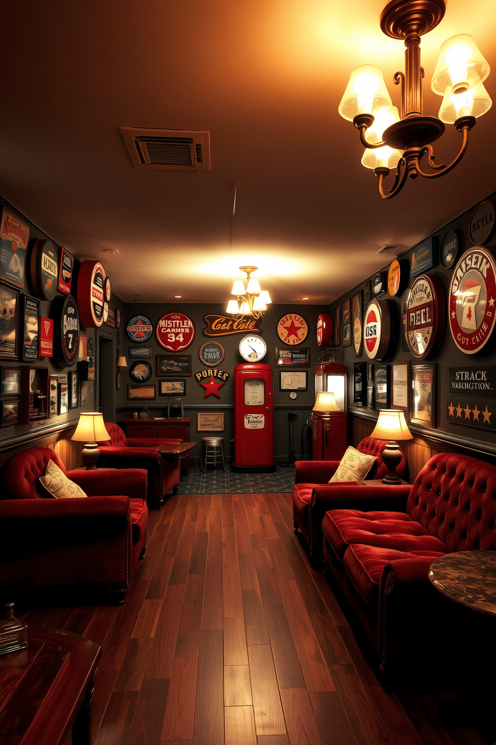 A vintage basement design featuring red signs that evoke nostalgia. The walls are adorned with an array of retro advertisements and classic gas station signage, creating a warm and inviting atmosphere. The flooring is a rich hardwood, complemented by vintage-style furniture with plush upholstery in deep hues. Ambient lighting fixtures with an antique finish illuminate the space, enhancing its charm and character.