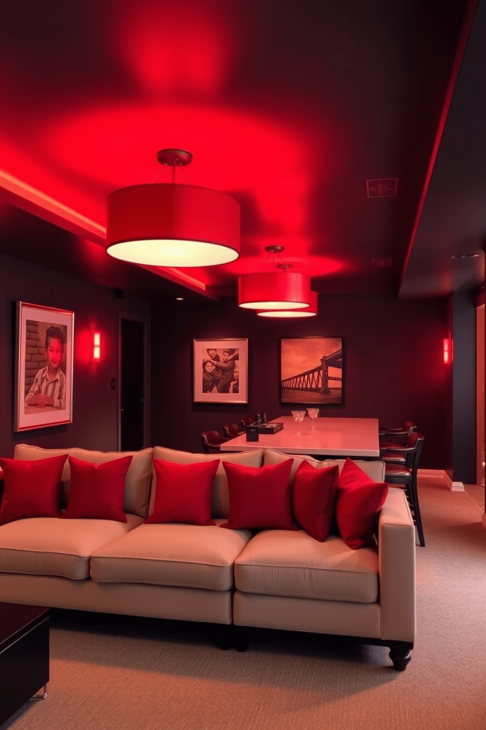 A striking basement design featuring red lighting fixtures that cast a warm, inviting glow throughout the space. The walls are painted in a deep charcoal hue, providing a dramatic contrast to the vibrant red accents and creating a cozy atmosphere. The layout includes a plush sectional sofa in a neutral tone, accented with red throw pillows that echo the lighting. A sleek bar area with high stools invites entertainment, while strategically placed artwork enhances the overall aesthetic.